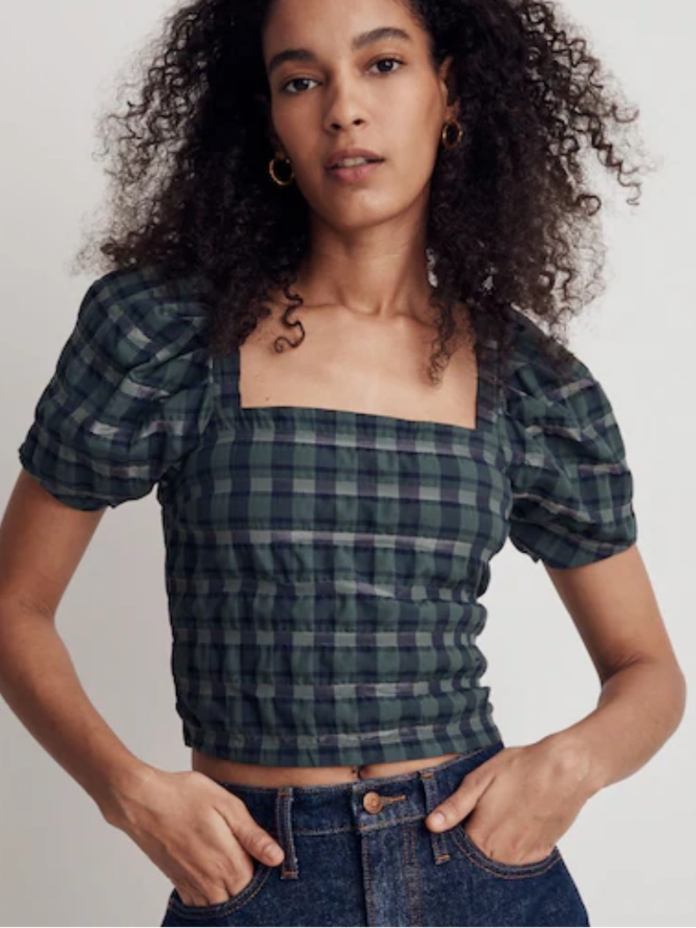 Madewell Forest Green Plaid Hopewell Puff Sleeve Crop Top Size XL